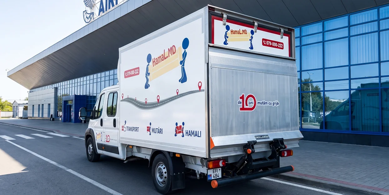 Camionul HamaL.MD cu lift hidraulic, parcat lângă terminalul aeroportului.