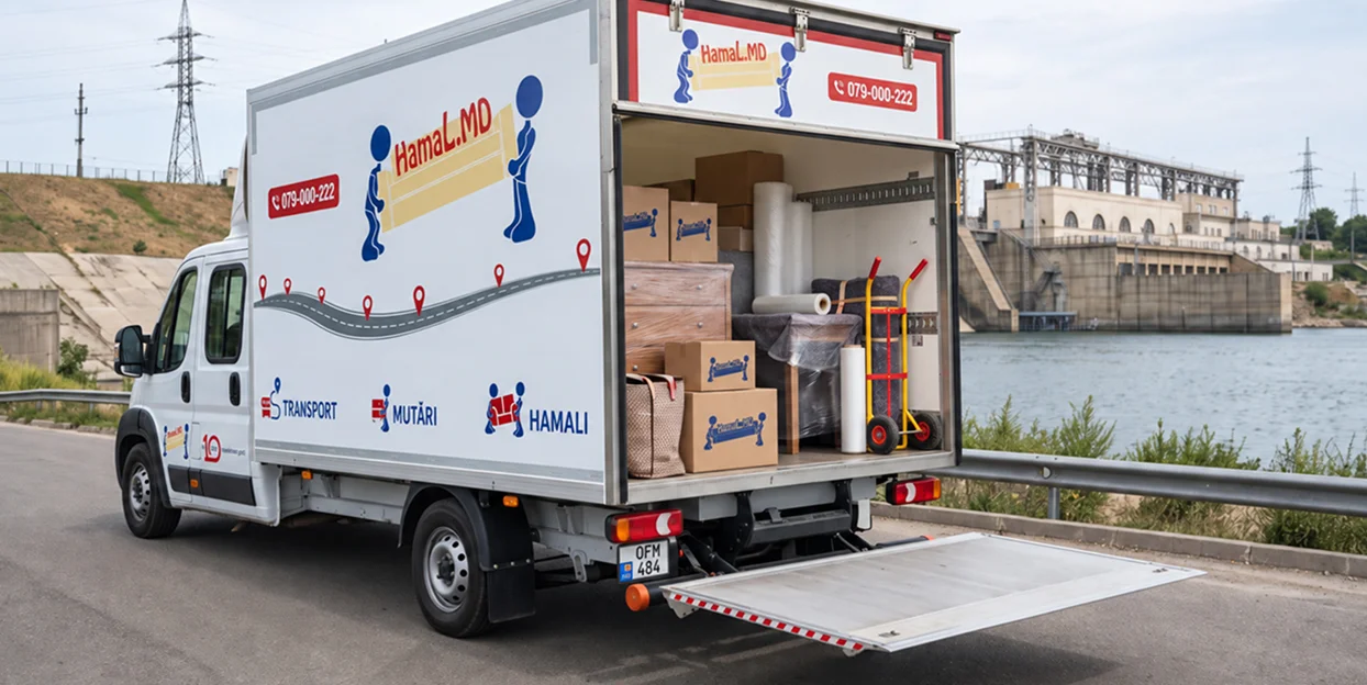 Camion HamaL.MD încărcat cu cutii și mobilă ambalată, lângă centrala hidroelectrică.