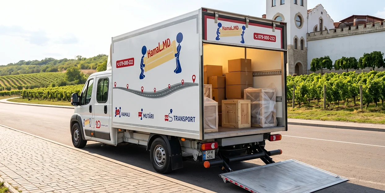 Camion HamaL.MD încărcat cu lăzi de lemn și colete, lângă podgoriile de la Purcari.