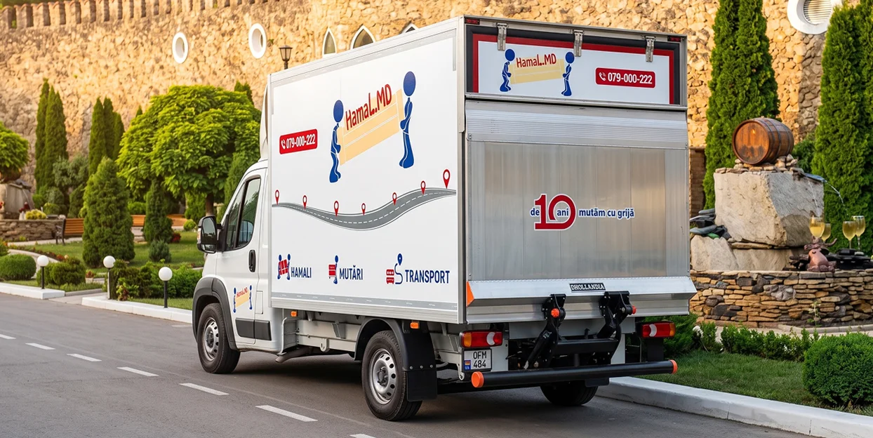 Camionul HamaL.MD cu lift hidraulic, la intrarea în vinăria Mileștii Mici.