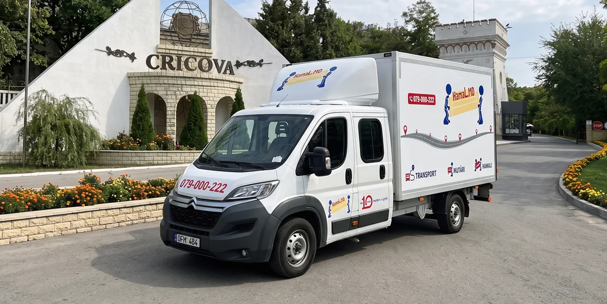 Camionul HamaL.MD cu cabină dublă lângă intrarea în Vinăria Cricova.