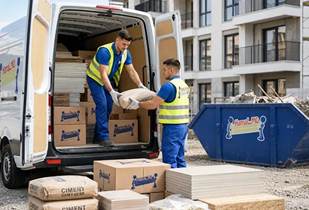 Hamali descarcă saci de ciment și materiale de construcții lângă containerul skip HamaL.MD