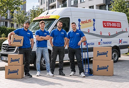Patru hamali ai companiei HamaL.MD în uniformă lângă furgonetă, cu cutii de carton și cărucior de transport