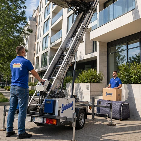 Echipa instalează liftul exterior chiar lângă fațada unui bloc