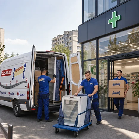 Hamalii deplasează în siguranță un frigider voluminos ambalat pe cărucior