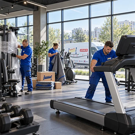 Hamali ambalează aparate de forță și bandă de alergare la un centru de fitness.