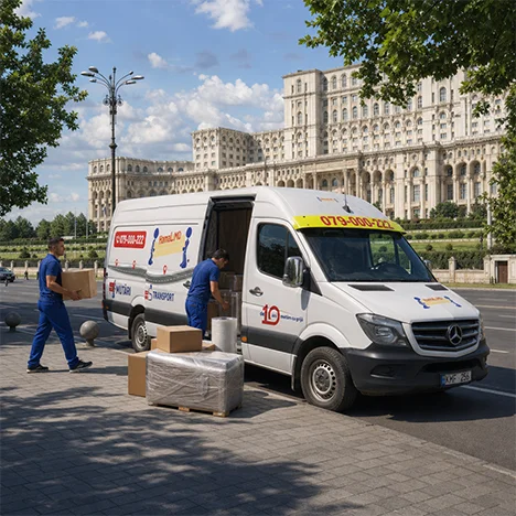 Hamali încarcă cutii într-o autoutilitară lângă o clădire emblematică din București, pentru mutarea internațională.