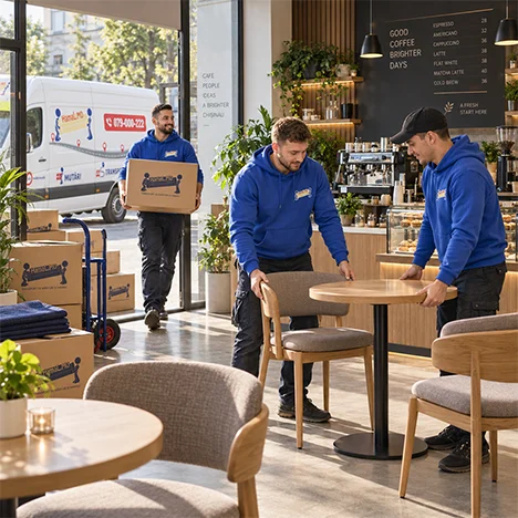 Hamalii aranjează mese și scaune într-o cafenea, cu cutii pregătite pentru mutare.