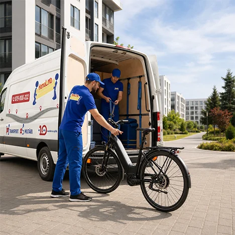 Doi angajați încarcă atent o bicicletă electrică în dubă.