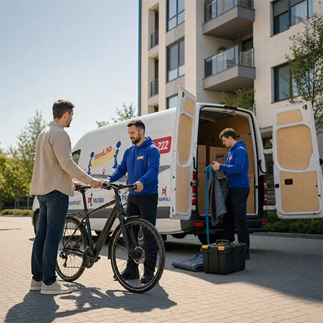 Un client predă bicicleta unui hamal lângă duba de transport.