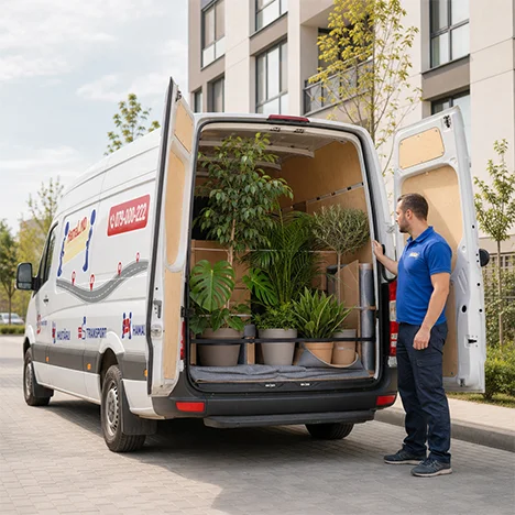Un hamal verifică ghivecele cu plante așezate în duba de transport.