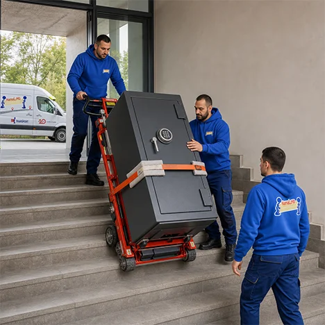 Trei angajați coboară pe scări un seif greu cu un cărucior special.